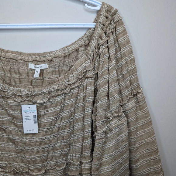 NWT Maurice's Tan White Stiped Smocked Off the Shoulder Top Lace Women 1 Boho - Picture 5 of 10